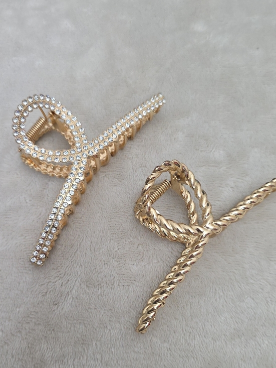 Anthropologie Accessories - Anthropologie Gold Bow Hair Claw Clip Set Rhinestone & Rope Textured
